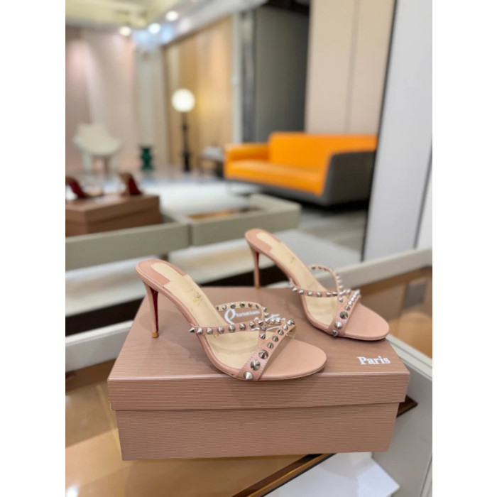 Christian Louboutin Nude Leather Silver‑Spiked Crisscross Mule High Heel Sandals 100mm heel