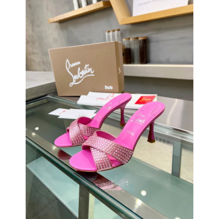 Christian Louboutin Pink Crystal Crisscross Mule Slide Sandal 100mm heel