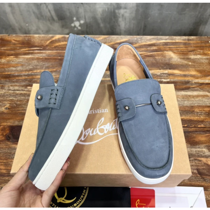 Christian Louboutin Slate Nubuck Leather Slip‑On Loafers