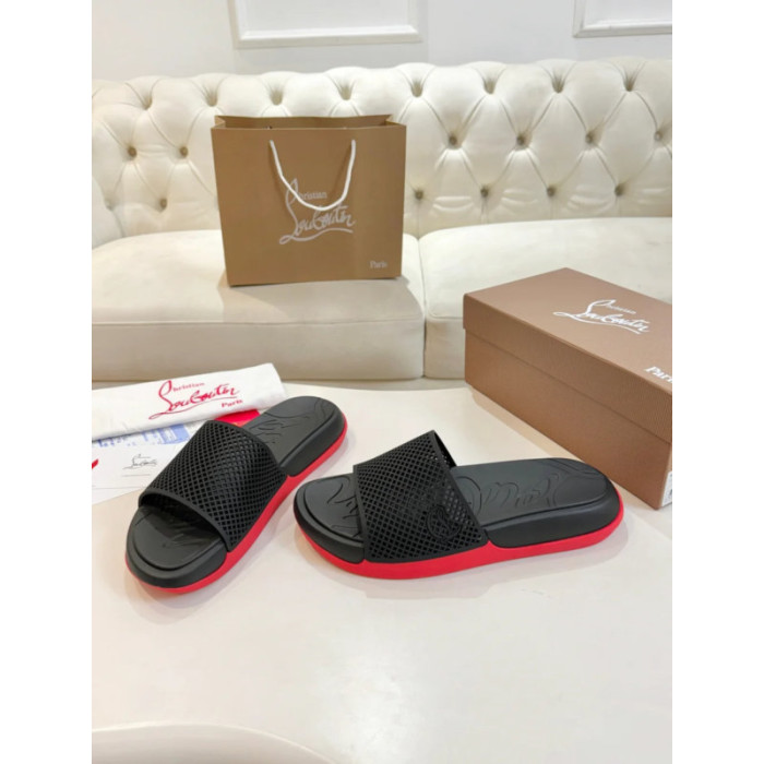 Christian Louboutin Black Mesh‑Strap Slide Sandals Red Rubber Outsole