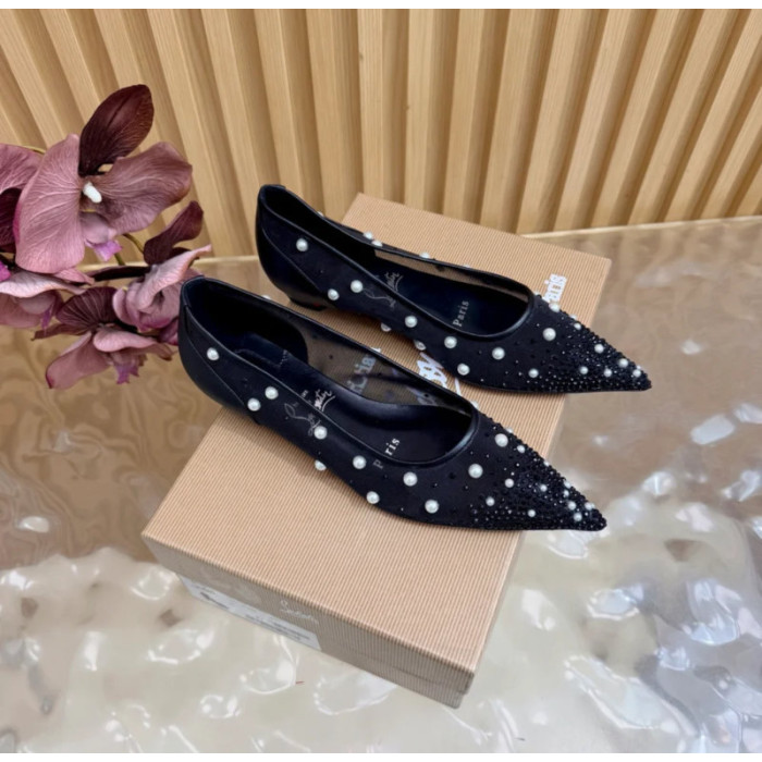 Christian Louboutin Black Mesh Pearl Crystal‑Embellished Pointed‑Toe Flat Pumps