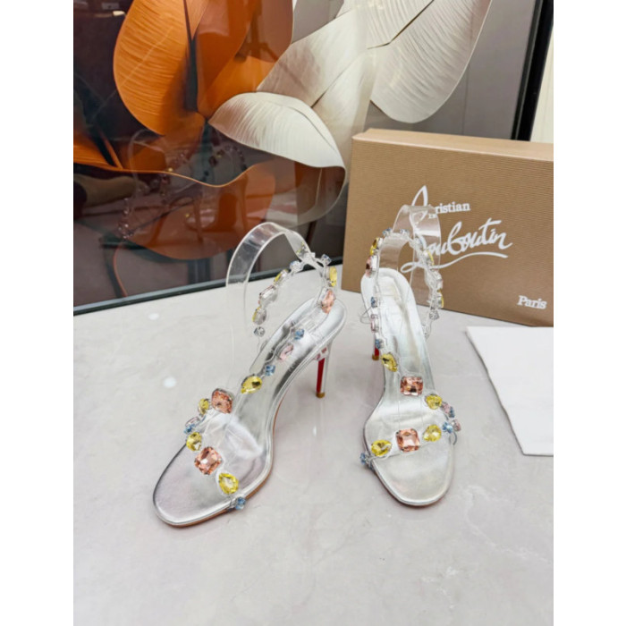 Christian Louboutin Silver PVC Multicolor Crystal‑Embellished 100mm Stiletto Heel Sandals