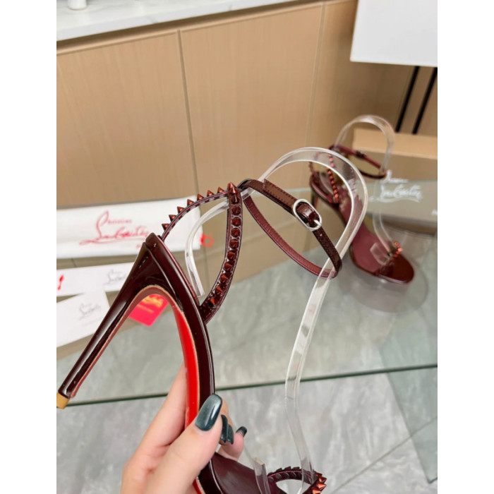 Christian Louboutin Burgundy Patent Spiked Ankle‑Strap 100mm heel Sandal