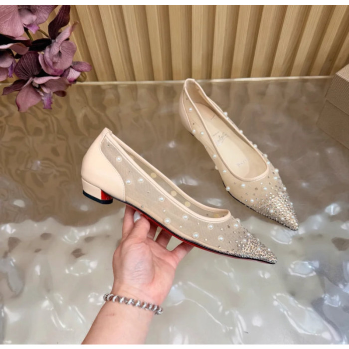 Christian Louboutin Beige Mesh Pearl Crystal‑Embellished Pointed‑Toe Flat Pumps