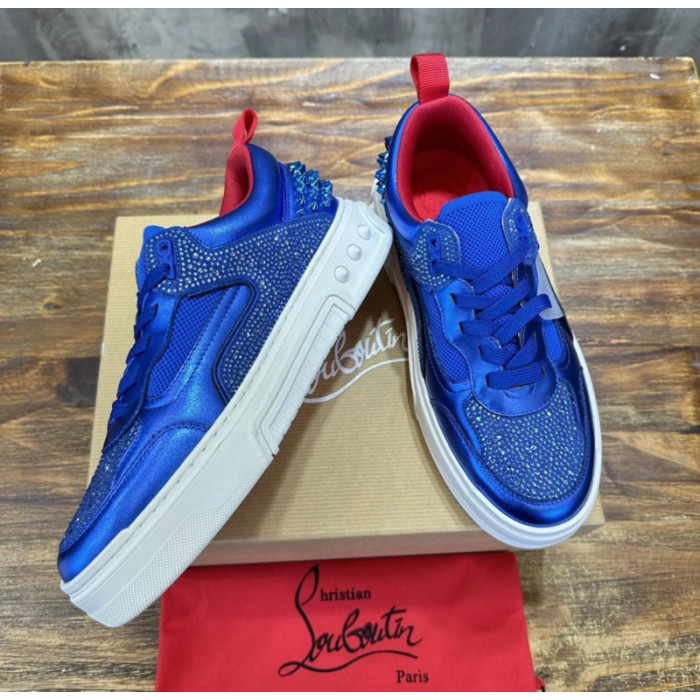 Christian Louboutin Blue Satin Crystal Spiked Low‑Top Sneakers