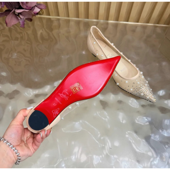 Christian Louboutin Beige Mesh Pearl Crystal‑Embellished Pointed‑Toe Flat Pumps