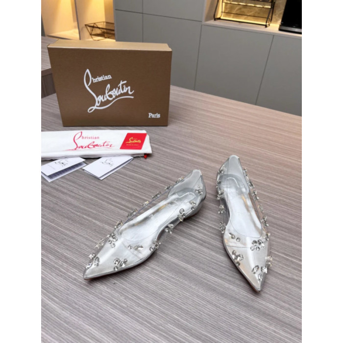 Christian Louboutin Clear PVC Crystal‑Embellished Pointed Toe Flat Pumps