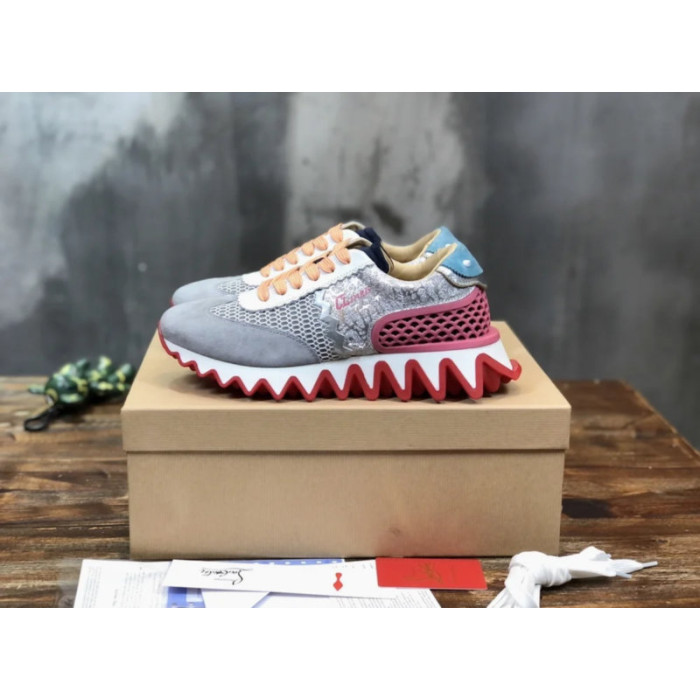 Christian Louboutin Multi‑Color Glitter‑Suede Mesh Lace‑Up Sneakers Red Shark‑Tooth Sole
