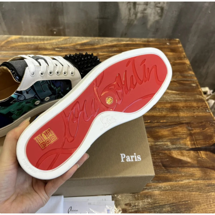 Christian Louboutin Green Graffiti‑Print Spiked‑Toe Low‑Top Lace‑Up Sneakers