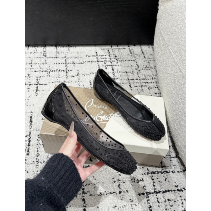 Christian Louboutin × Maison Margiela Black Mesh Crystal Tabi Split‑Toe Wedge Flats