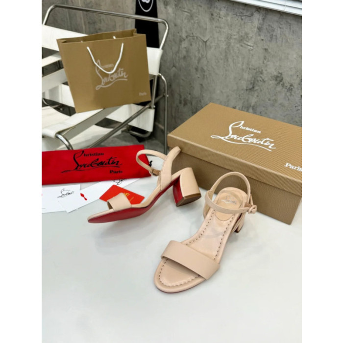 Christian Louboutin Nude Leather Block heel Ankle Strap Sandal