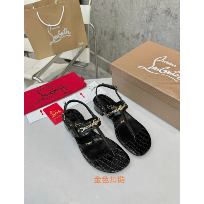 Christian Louboutin Black Croc‑embossed Leather Gold‑chain Block Heel Thong Sandal