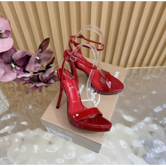 Christian Louboutin Red Patent Leather Ankle‑Strap Platform High‑Heel Sandals 120mm heel