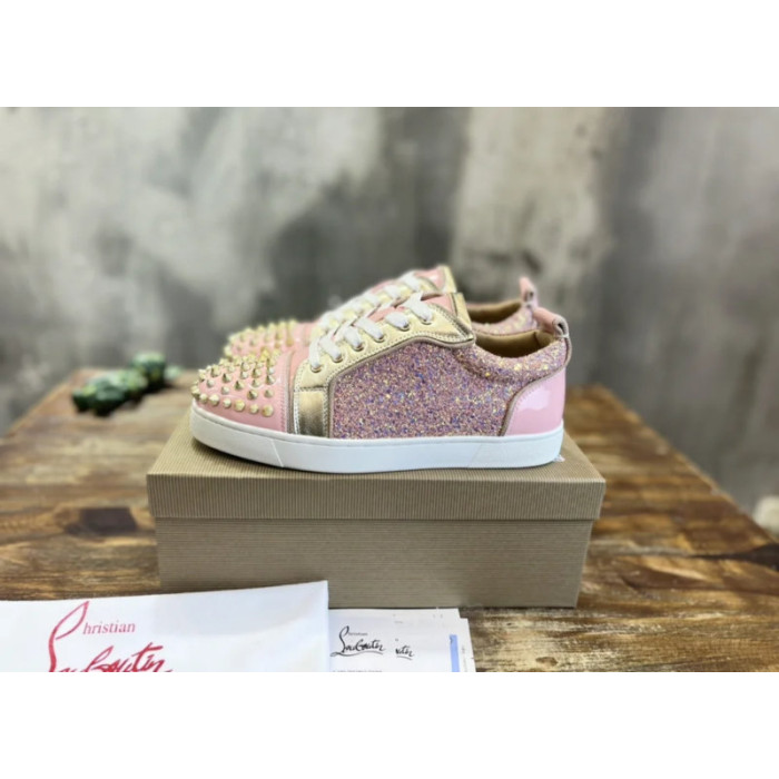 Christian Louboutin Pink‑Gold Glitter Spiked‑Toe Low‑Top Lace‑Up Sneakers