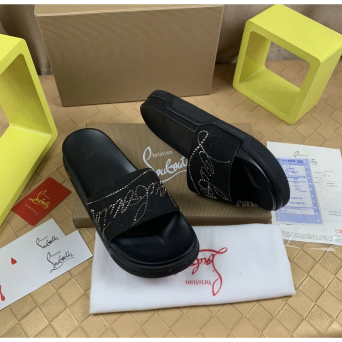 Christian Louboutin Black Suede Silver‑Rhinestone Graffiti Logo Slide Sandals