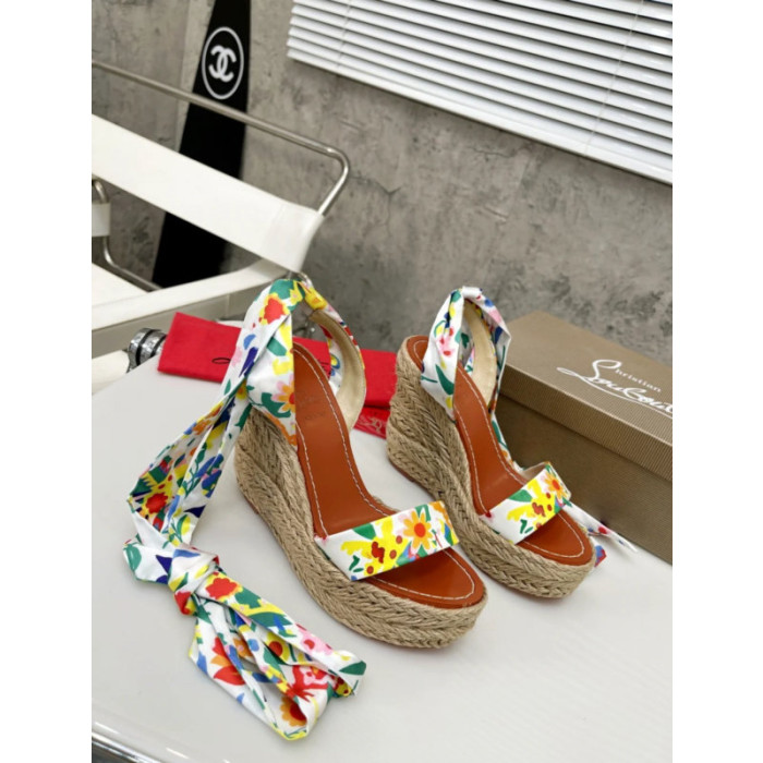 Christian Louboutin Floral Print Fabric 120mm heel Wedge Ankle‑Wrap Espadrille Sandal