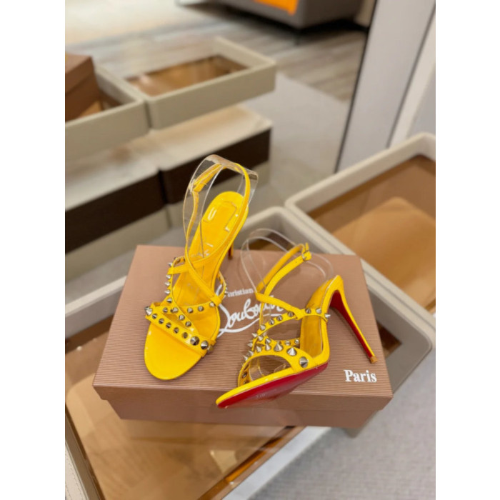Christian Louboutin Yellow Patent Studded Crisscross Ankle‑Strap Open‑Toe 100mm Stiletto High Heel Sandals