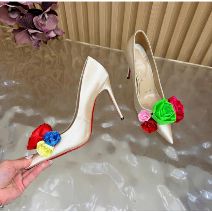 Christian Louboutin Ivory Satin Multicolor Fabric Flower 100mm Stiletto Heel Pumps