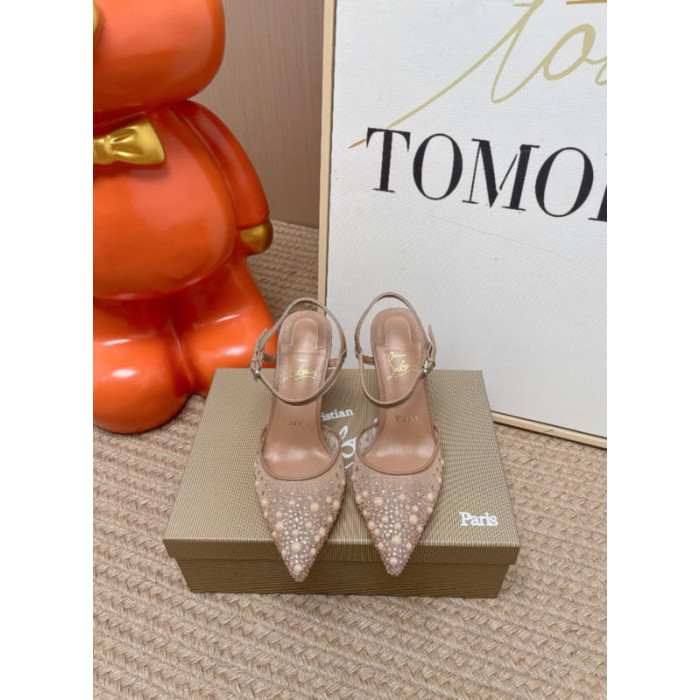 Christian Louboutin Nude Mesh 85mm Pearl‑Crystal‑Embellished Slingback Stiletto Heel Pumps