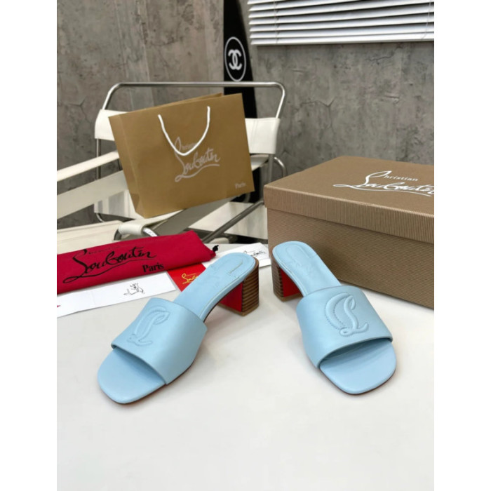 Christian Louboutin Light Blue Leather 55mm heel Block Heel Slide Sandal