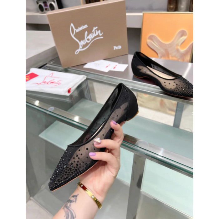 Christian Louboutin Black Mesh Crystal‑Dot Flat Pointed Pump