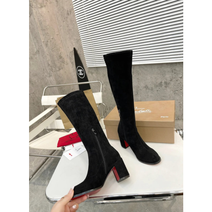 Christian Louboutin Black Suede 85mm heel Block‑Heel Knee‑High Boots