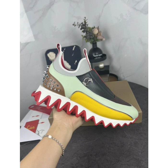 Christian Louboutin Multicolor Leather Slip‑On Spiked Sneakers Red Shark‑Tooth Sole