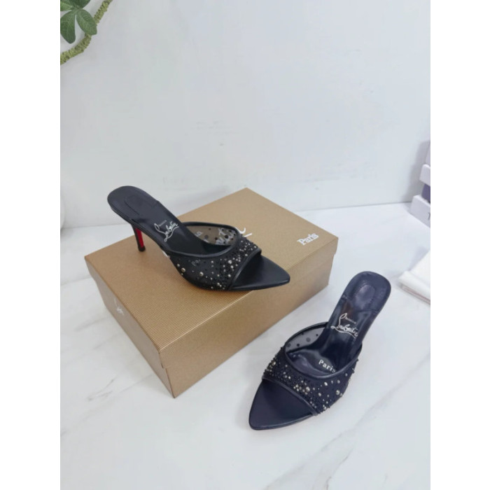 Christian Louboutin Black Mesh Crystal 85mm Pointed‑Toe Mule Heels
