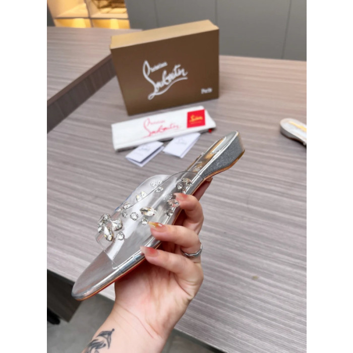 Christian Louboutin Clear Strap Crystal‑Adorned Silver Flat Slide Sandals