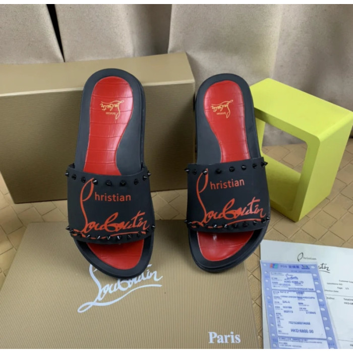 Christian Louboutin Black Red Logo‑Print Spiked Slide Sandals Red Footbed