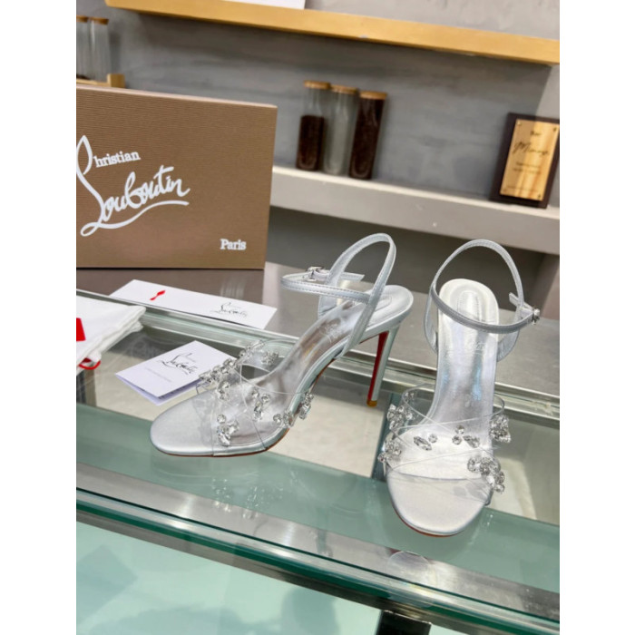 Christian Louboutin Silver Metallic Crystal‑Adorned 100mm Stiletto heel Sandals