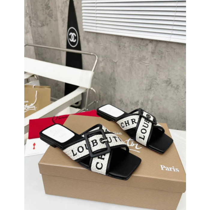 Christian Louboutin Black‑White Woven Flat Slide Sandals