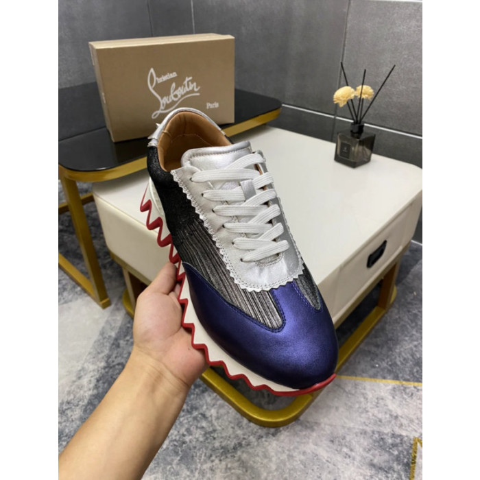 Christian Louboutin Navy‑Silver Glitter Shark Tooth Sole Low‑Top Sneakers