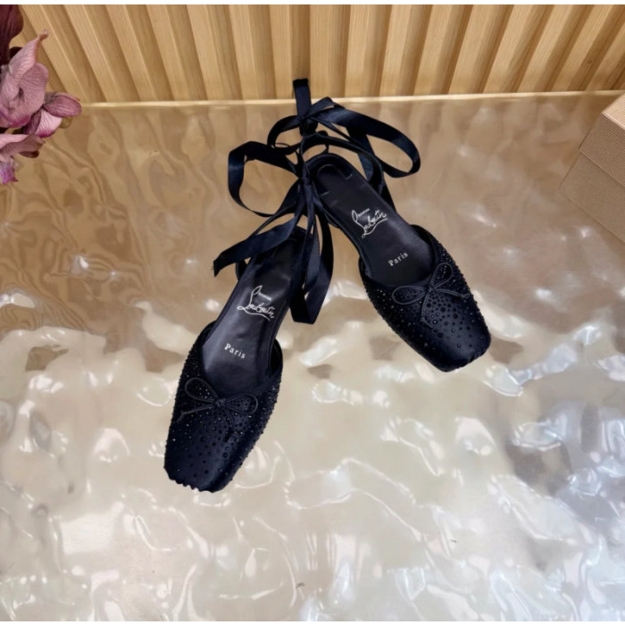 Christian Louboutin Black Satin Crystal‑Embellished Ankle‑Tie Slingback Ballet Flats