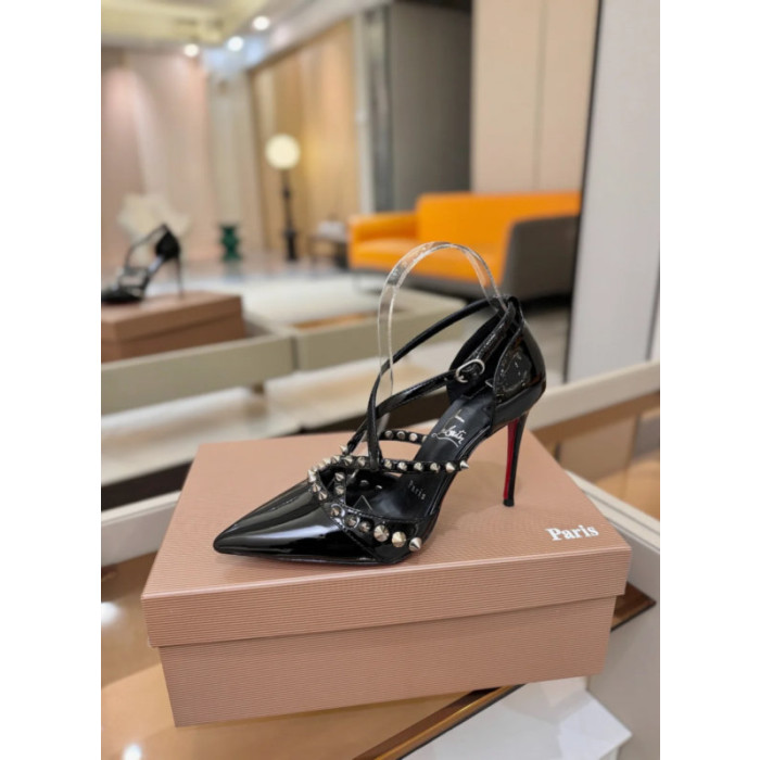 Christian Louboutin Black Patent Studded Crisscross Ankle‑Strap Pointed‑Toe Pumps High Heel
