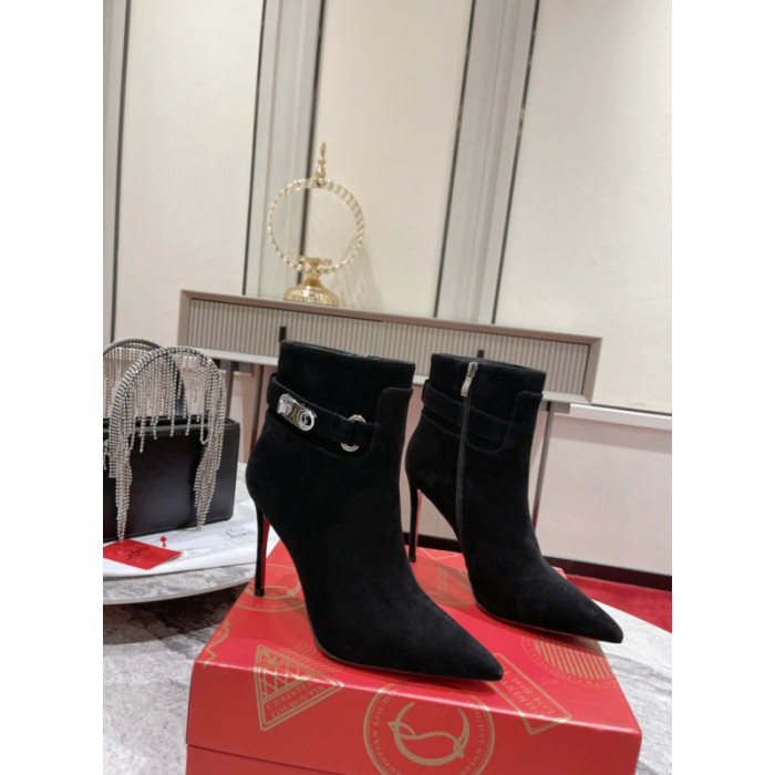 Christian Louboutin Black Suede 100mm Lock‑Buckle Pointed Toe Ankle Boots