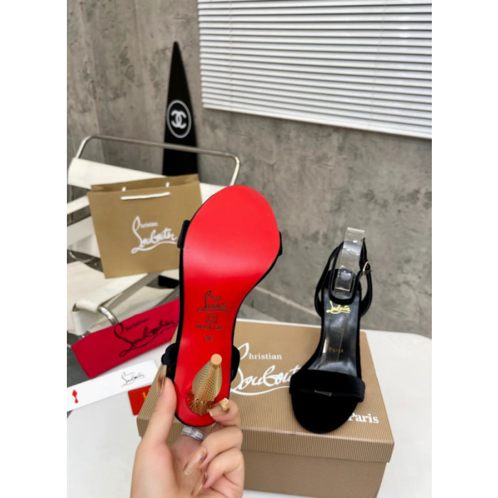 Christian Louboutin Black Velvet 100mm heel Ankle Strap Sandals