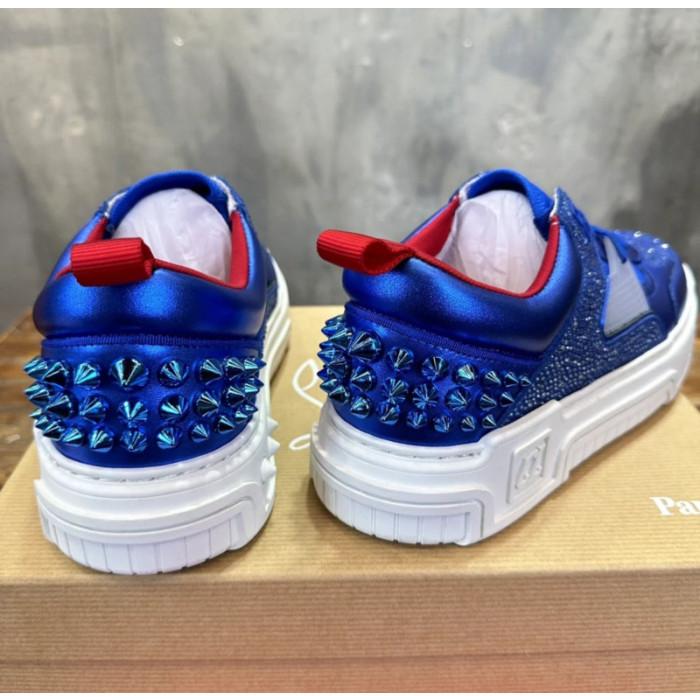 Christian Louboutin Blue Satin Crystal Spiked Low‑Top Sneakers