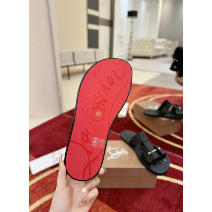 Christian Louboutin Black Leather Two‑Strap Slide Sandals