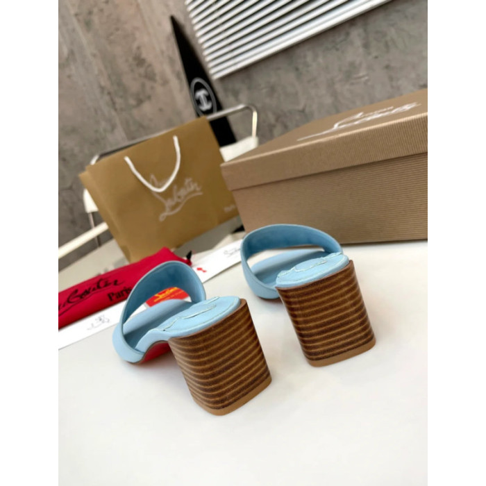 Christian Louboutin Light Blue Leather 55mm heel Block Heel Slide Sandal
