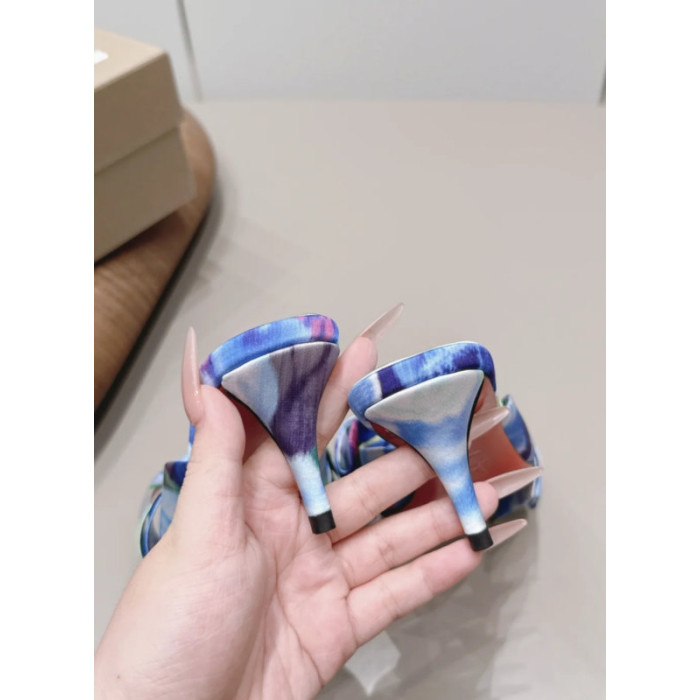 Christian Louboutin Blue Watercolor‑Print Satin Bow Mule Kitten Heel Sandals 55mm heel