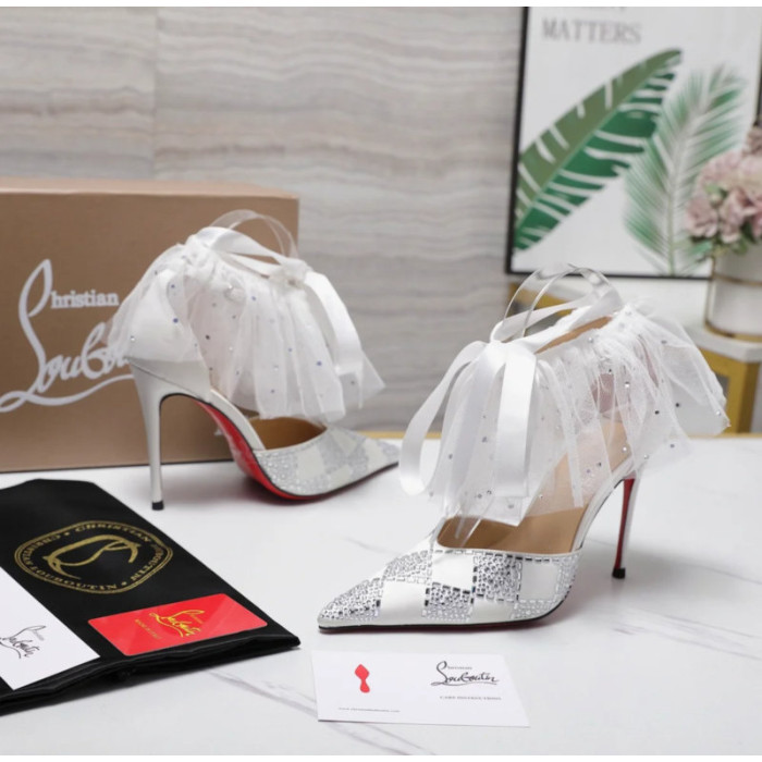 Christian Louboutin Silver Satin Checkerboard Crystal Tulle Ruffle 100mm Stiletto Heel Pumps