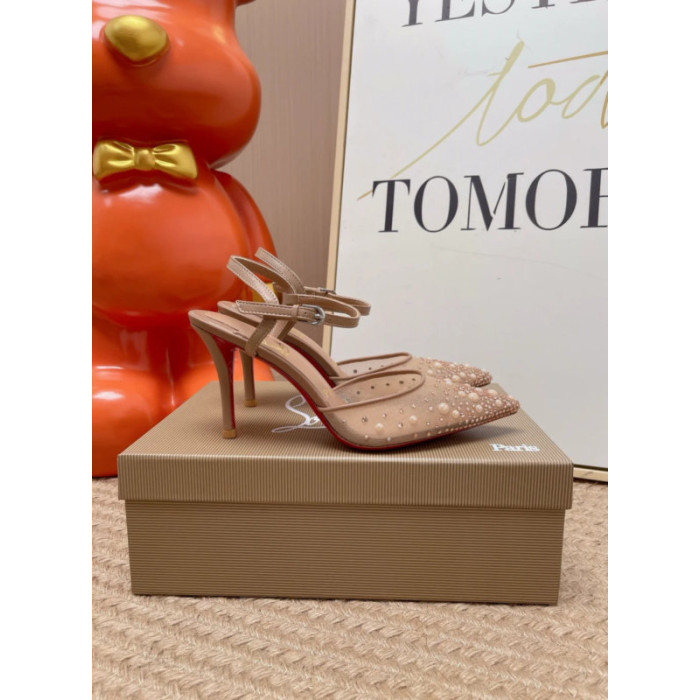 Christian Louboutin Nude Mesh 85mm Pearl‑Crystal‑Embellished Slingback Stiletto Heel Pumps
