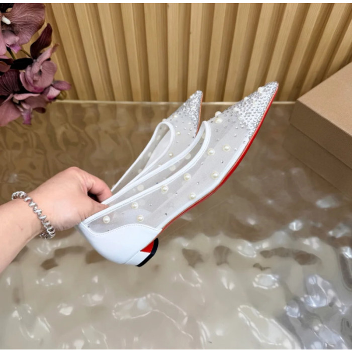 Christian Louboutin White Mesh Pearl Crystal‑Embellished Pointed‑Toe Flat Pumps