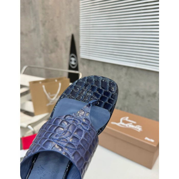 Christian Louboutin Navy Croc‑Embossed 70mm Block Heel Thong Mule Sandals