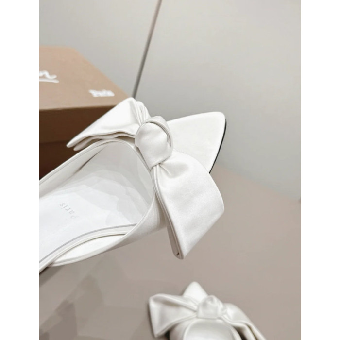 Christian Louboutin White Satin Large‑Bow Pointed‑Toe Mule Kitten Heel Sandals 55mm heel