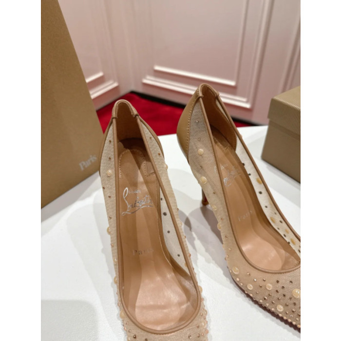 Christian Louboutin Nude Mesh Pearl Crystal 100mm Stiletto Heel Pumps