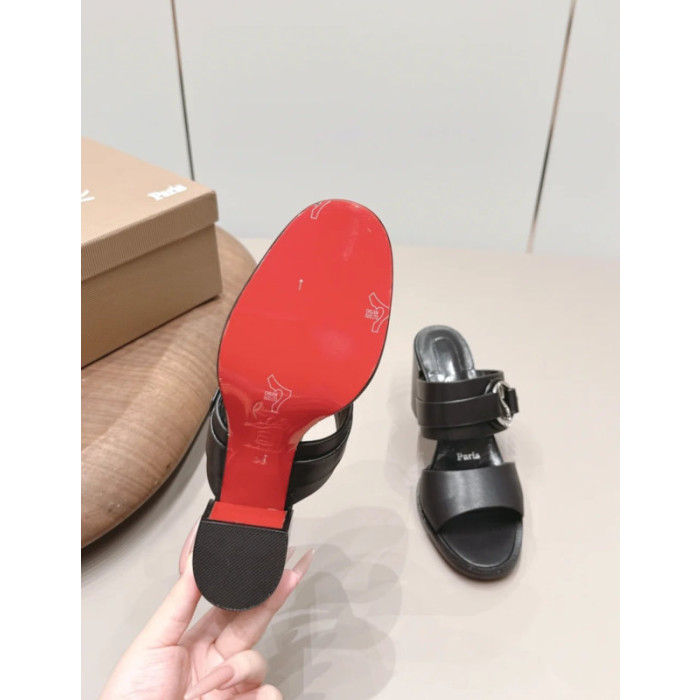 Christian Louboutin Black Leather CL‑Buckle Mule Block Heel Sandals 85mm heel