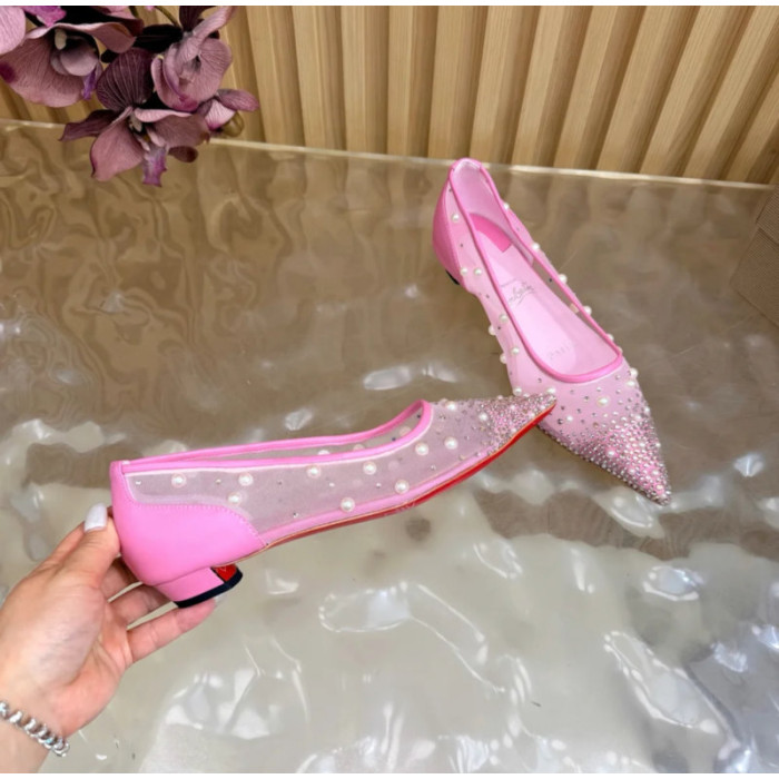 Christian Louboutin Pink Mesh Pearl Crystal‑Embellished Pointed‑Toe Flat Pumps