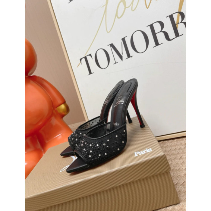 Christian Louboutin Black Tulle Rhinestone 100mm Stiletto Heel Backless Mules